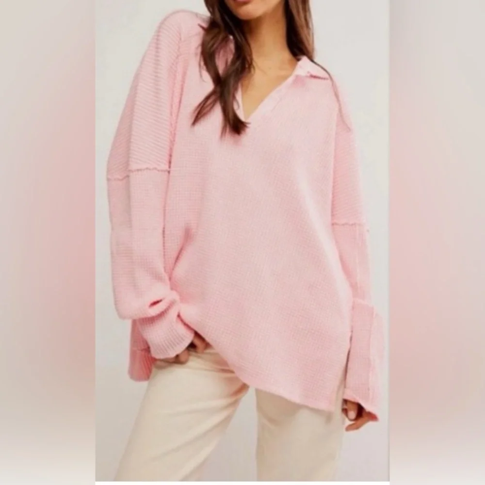 We the Free Thermal Oversized Collared Top Travis Waffle Polo Size Small Pink - Picture 7 of 7